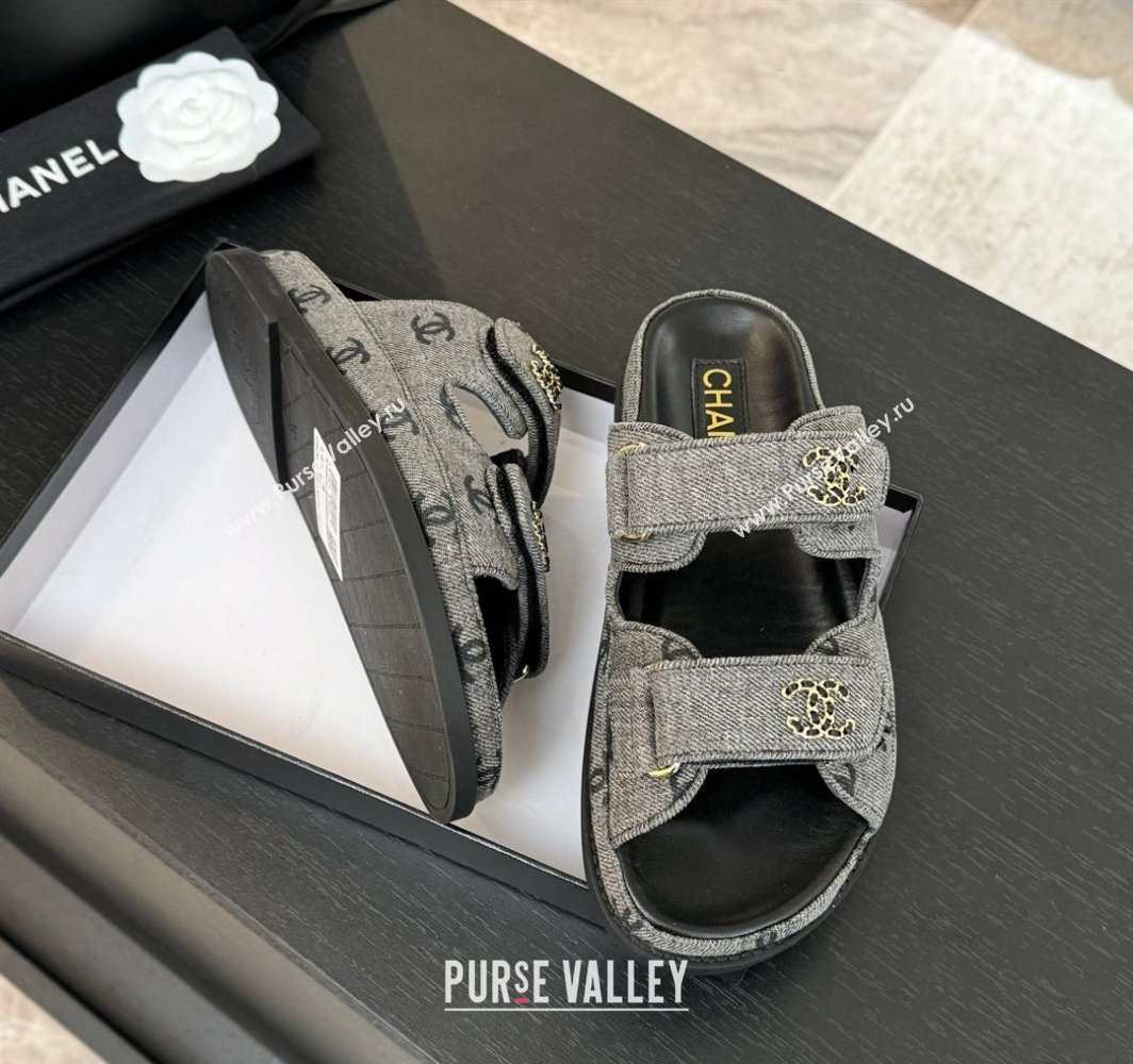 Chanel CC Canvas Strap Flat Slides Sandal with Chain CC Grey 2025 CH030415 (MD-250304185)