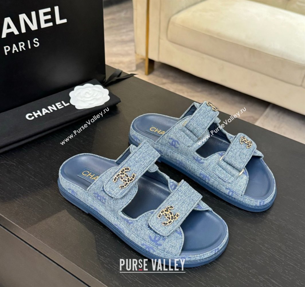 Chanel CC Canvas Strap Flat Slides Sandal with Chain CC Blue 2025 CH030415 (MD-250304186)