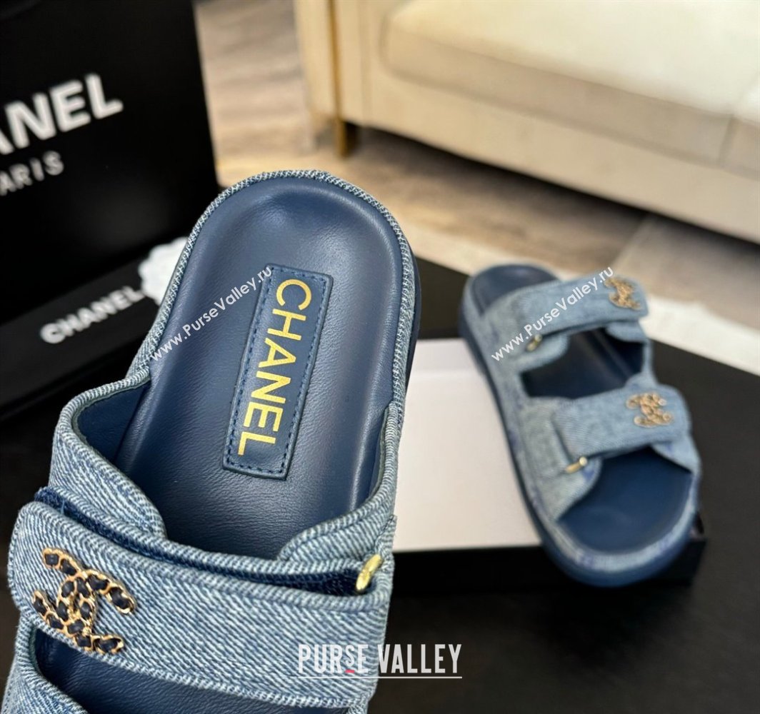 Chanel CC Canvas Strap Flat Slides Sandal with Chain CC Blue 2025 CH030415 (MD-250304186)