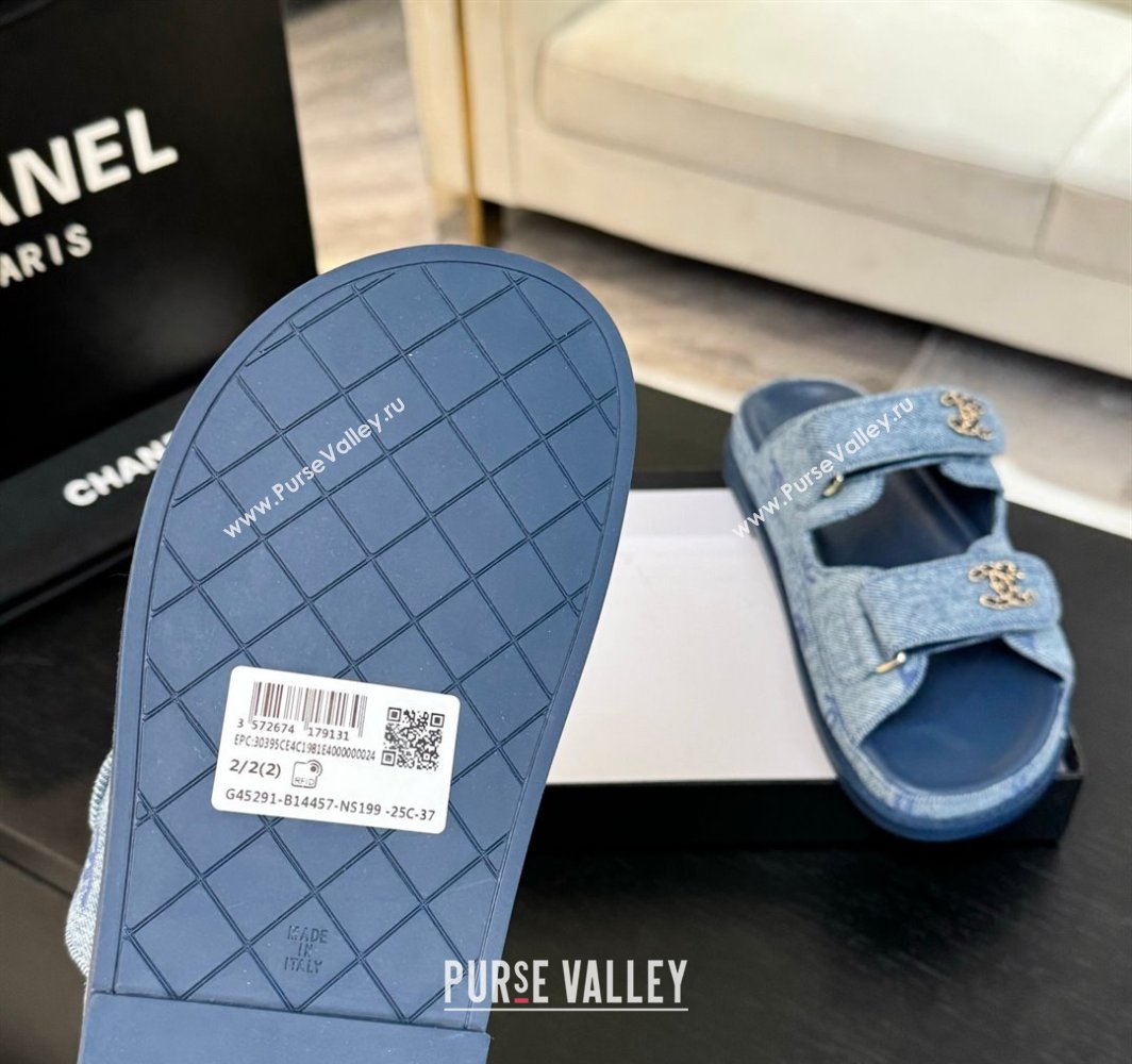 Chanel CC Canvas Strap Flat Slides Sandal with Chain CC Blue 2025 CH030415 (MD-250304186)