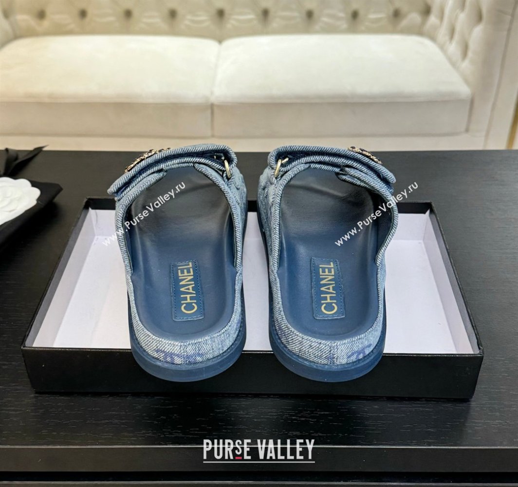 Chanel CC Canvas Strap Flat Slides Sandal with Chain CC Blue 2025 CH030415 (MD-250304186)