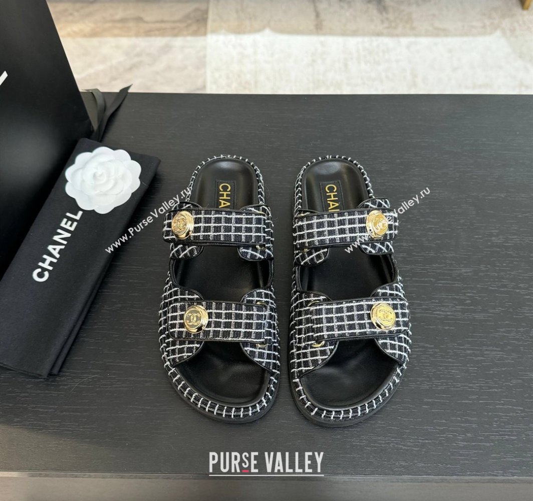 Chanel Tweed Strap Flat Slides Sandal with Round Buckle Black 2025 CH030416 (MD-250304198)