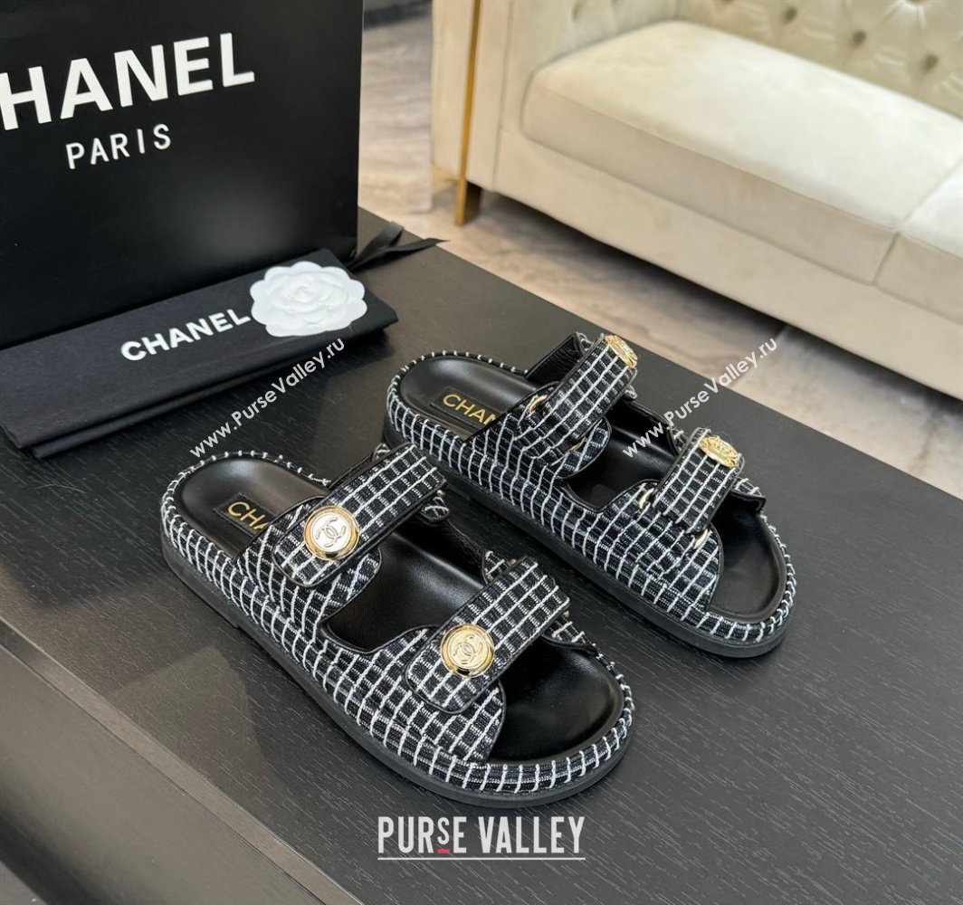 Chanel Tweed Strap Flat Slides Sandal with Round Buckle Black 2025 CH030416 (MD-250304198)