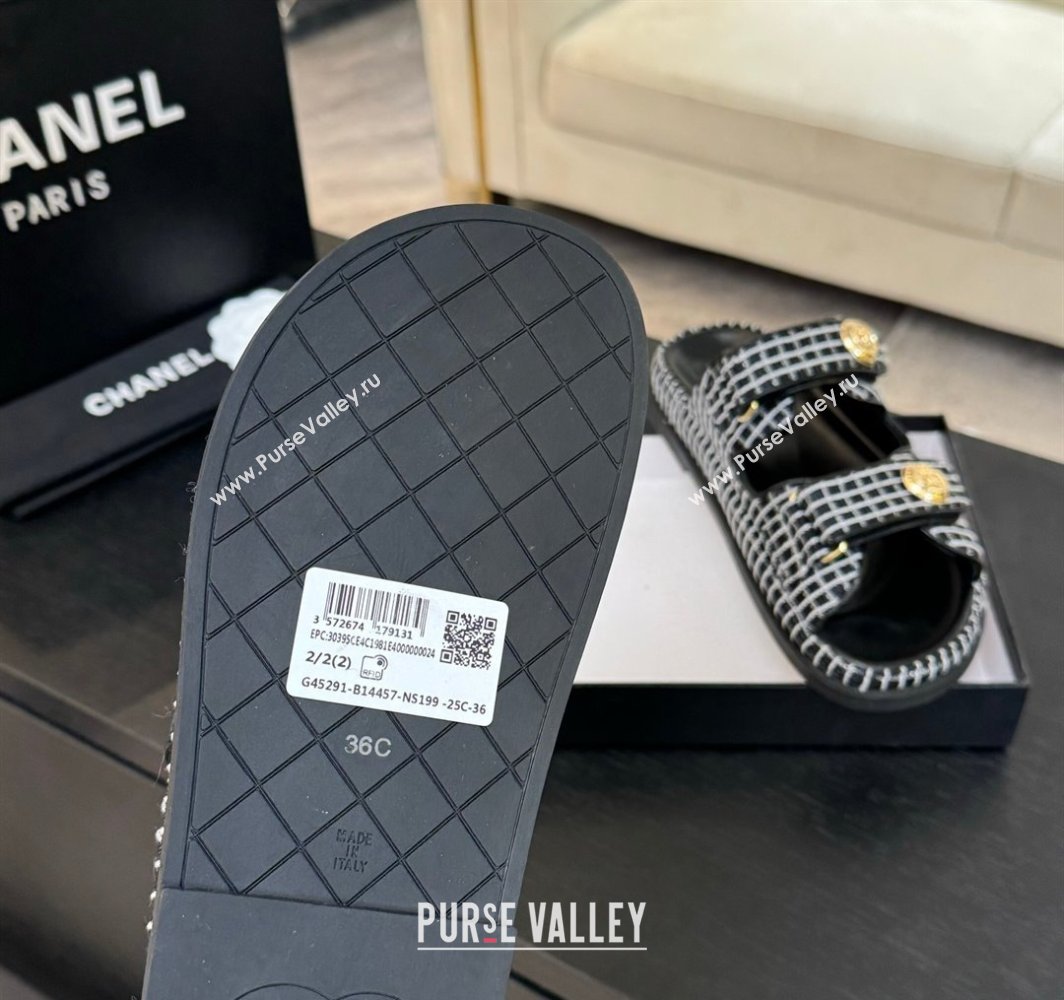 Chanel Tweed Strap Flat Slides Sandal with Round Buckle Black 2025 CH030416 (MD-250304198)