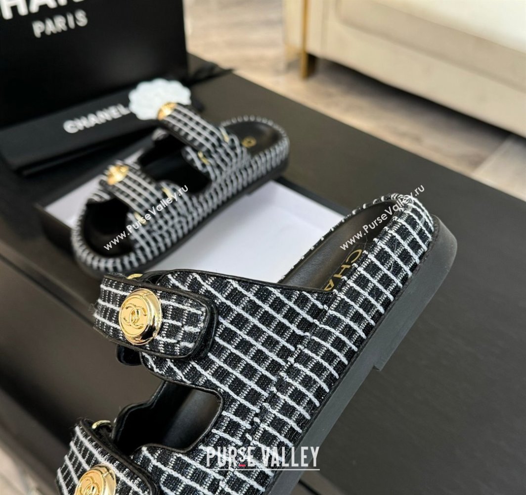 Chanel Tweed Strap Flat Slides Sandal with Round Buckle Black 2025 CH030416 (MD-250304198)