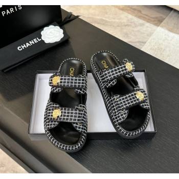 Chanel Tweed Strap Flat Slides Sandal with Round Buckle Black 2025 CH030416 (MD-250304198)