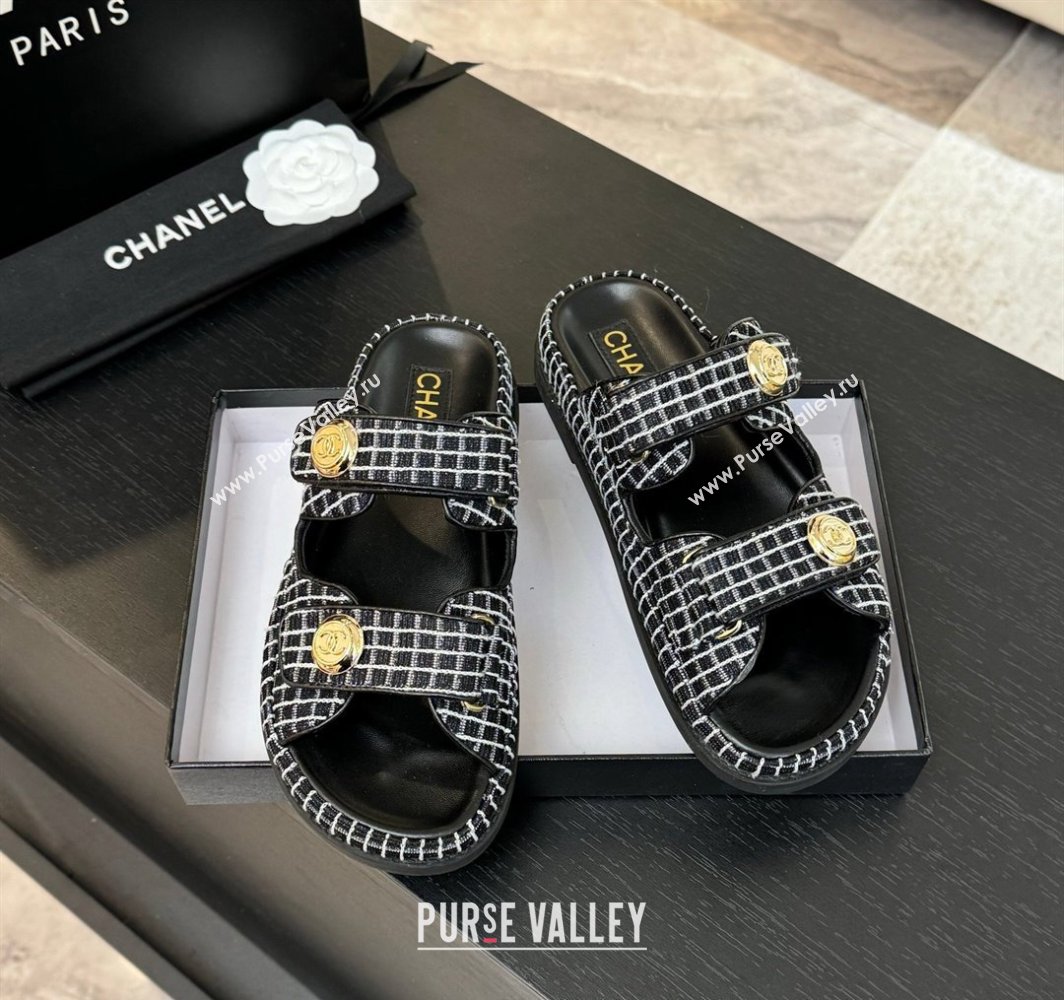 Chanel Tweed Strap Flat Slides Sandal with Round Buckle Black 2025 CH030416 (MD-250304198)