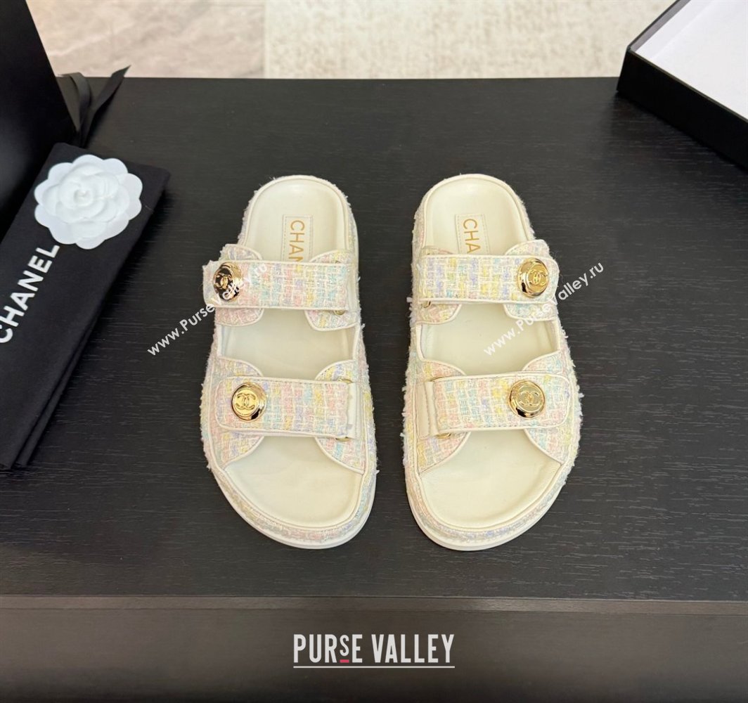 Chanel Tweed Strap Flat Slides Sandal with Round Buckle White/Multi 2025 CH030416 (MD-250304199)