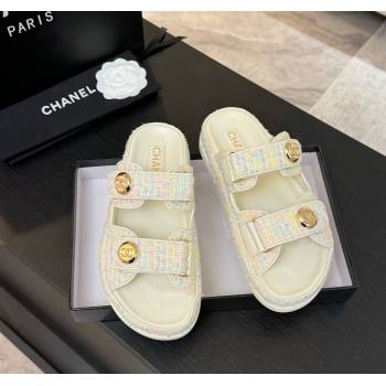 Chanel Tweed Strap Flat Slides Sandal with Round Buckle White/Multi 2025 CH030416 (MD-250304199)