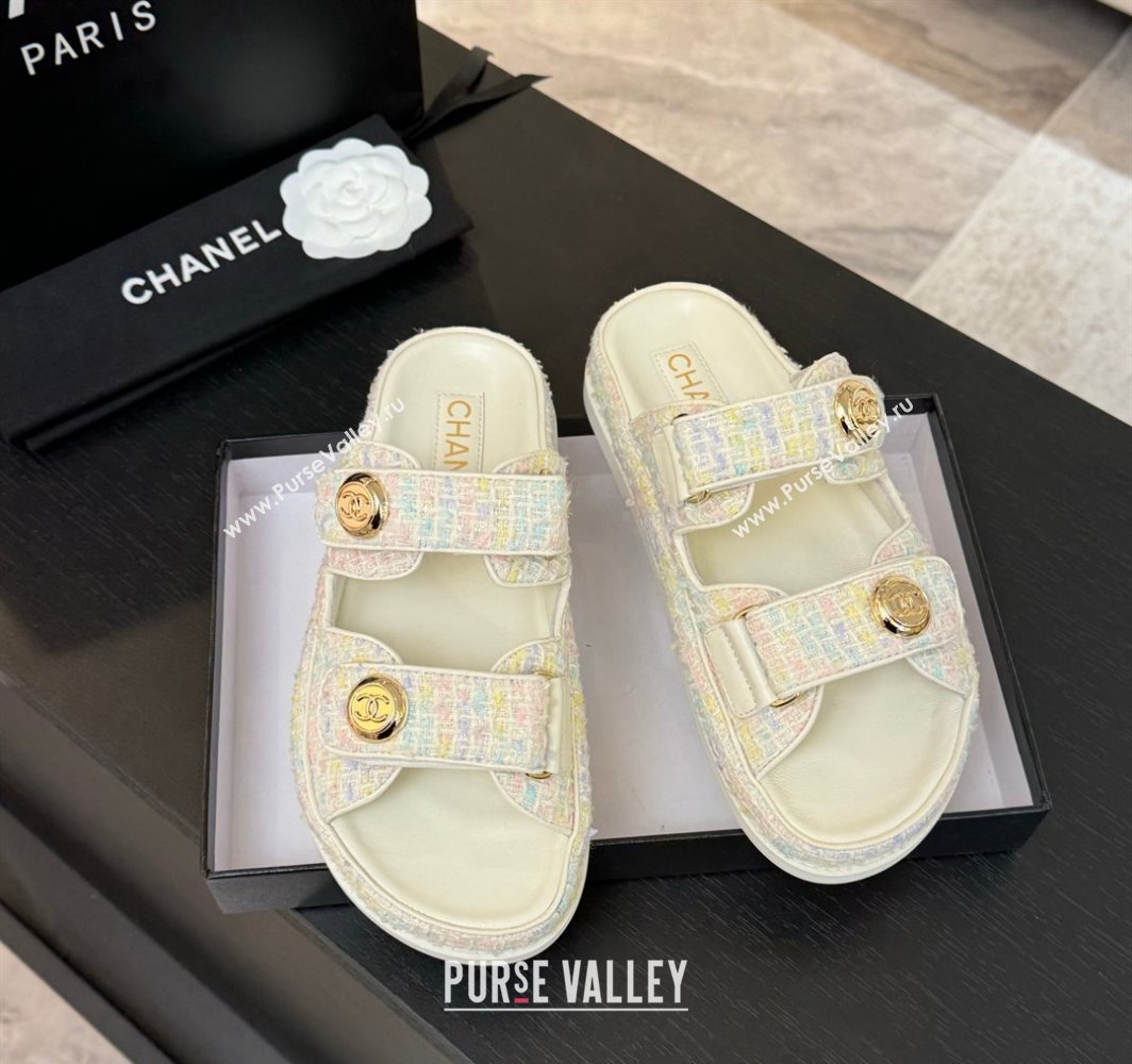 Chanel Tweed Strap Flat Slides Sandal with Round Buckle White/Multi 2025 CH030416 (MD-250304199)
