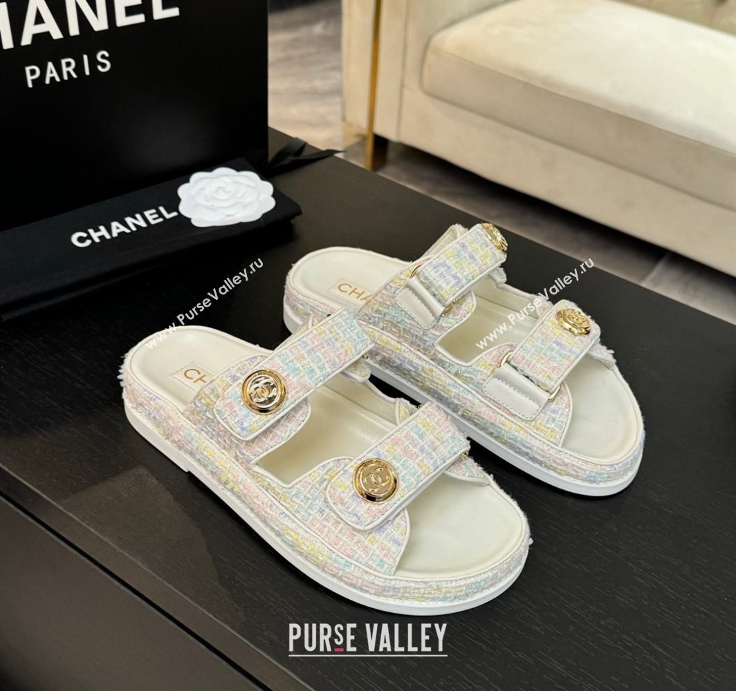 Chanel Tweed Strap Flat Slides Sandal with Round Buckle White/Multi 2025 CH030416 (MD-250304199)