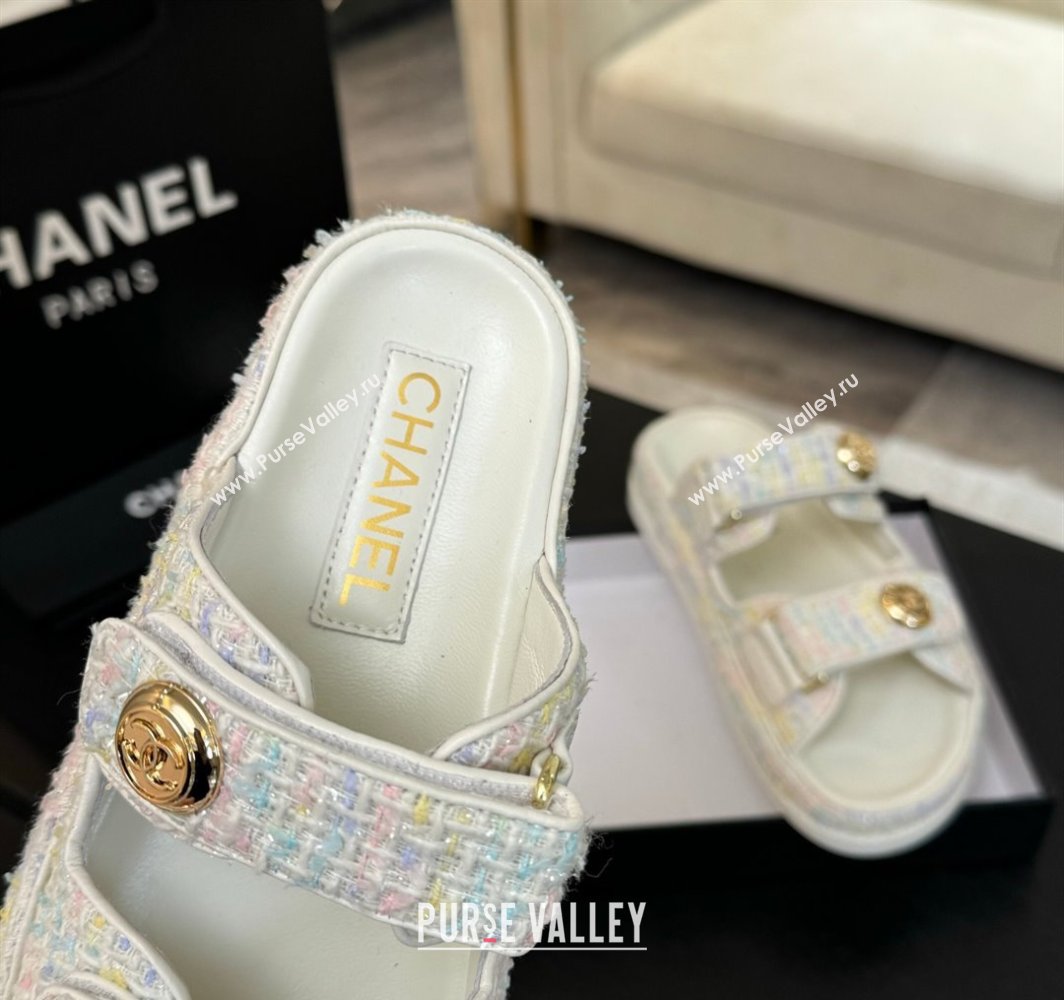 Chanel Tweed Strap Flat Slides Sandal with Round Buckle White/Multi 2025 CH030416 (MD-250304199)