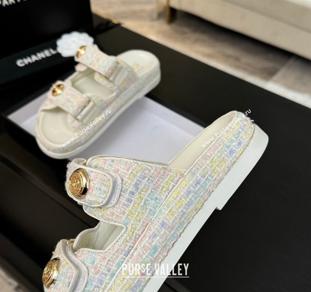 Chanel Tweed Strap Flat Slides Sandal with Round Buckle White/Multi 2025 CH030416 (MD-250304199)