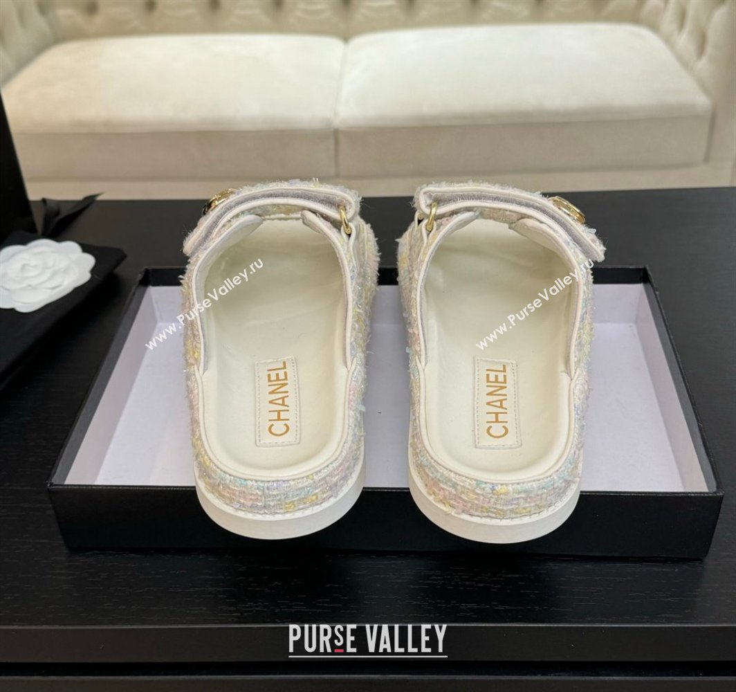 Chanel Tweed Strap Flat Slides Sandal with Round Buckle White/Multi 2025 CH030416 (MD-250304199)