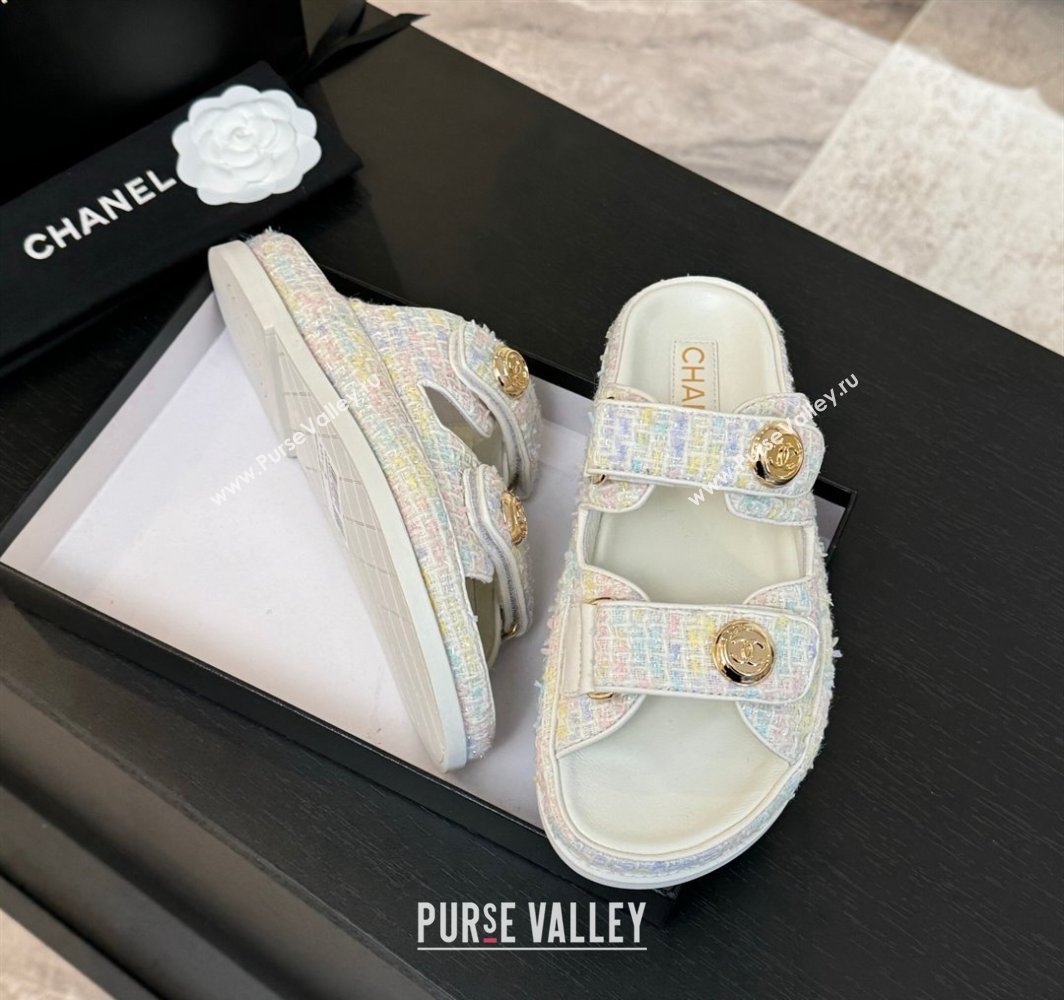 Chanel Tweed Strap Flat Slides Sandal with Round Buckle White/Multi 2025 CH030416 (MD-250304199)