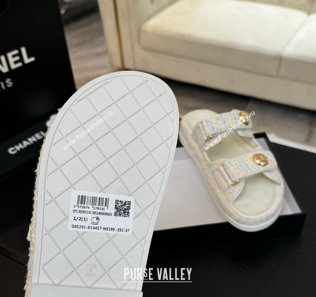 Chanel Tweed Strap Flat Slides Sandal with Round Buckle White/Multi 2025 CH030416 (MD-250304199)