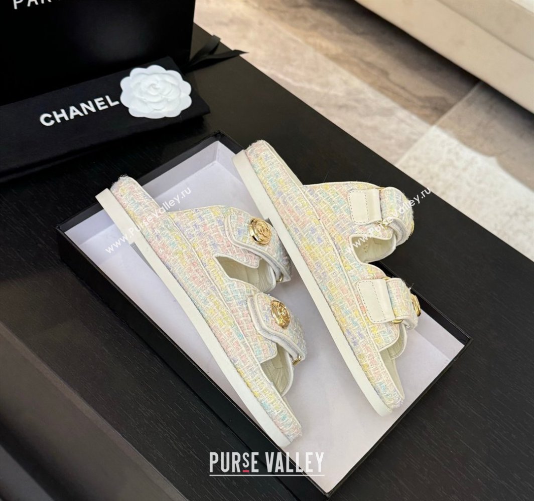 Chanel Tweed Strap Flat Slides Sandal with Round Buckle White/Multi 2025 CH030416 (MD-250304199)