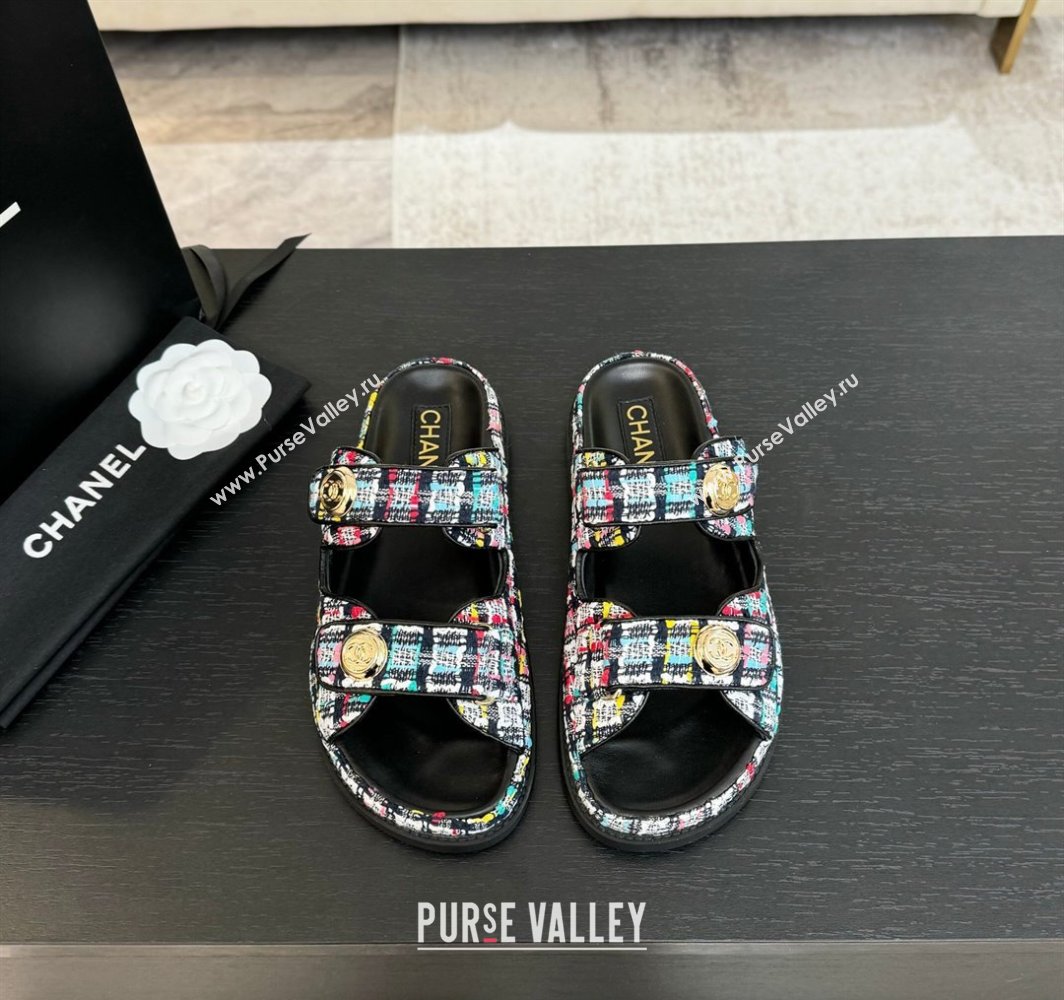 Chanel Tweed Strap Flat Slides Sandal with Round Buckle Black/Multi 2025 CH030416 (MD-250304200)