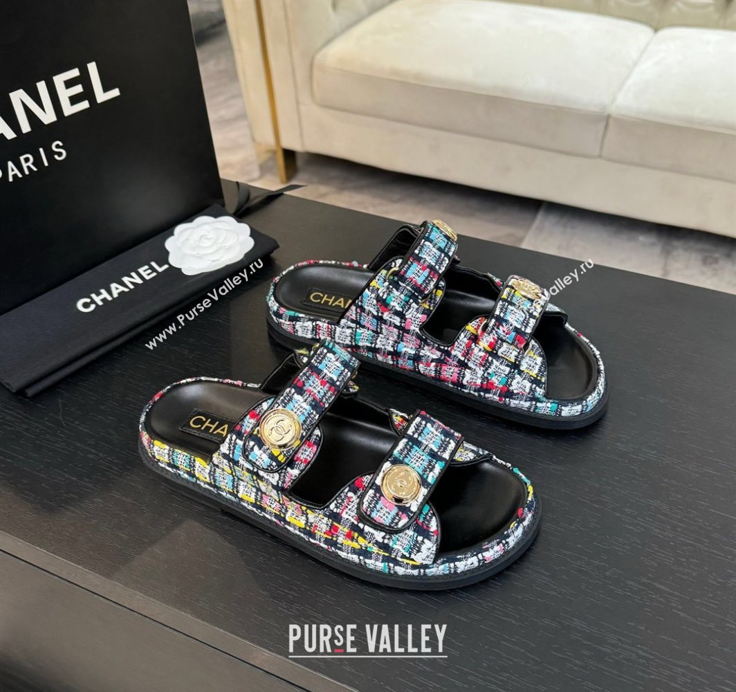 Chanel Tweed Strap Flat Slides Sandal with Round Buckle Black/Multi 2025 CH030416 (MD-250304200)