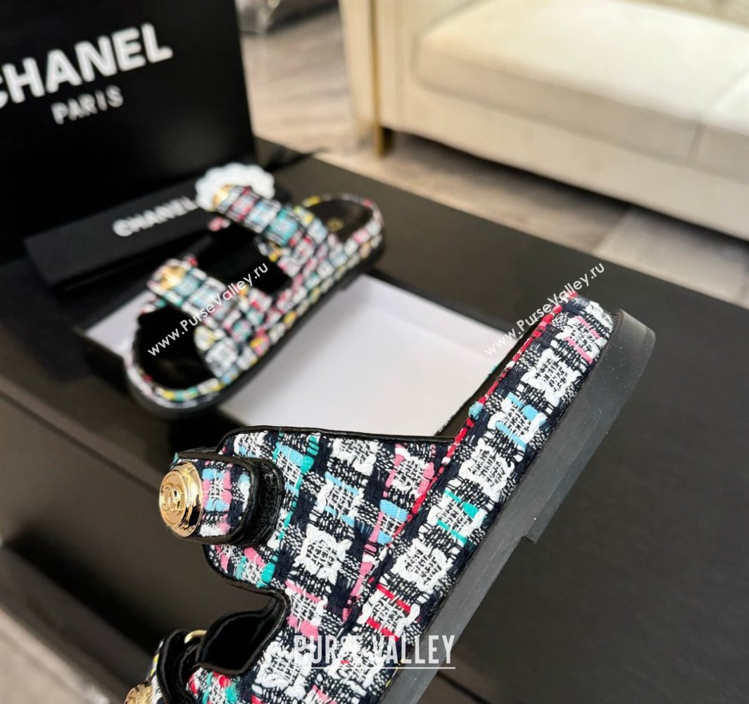 Chanel Tweed Strap Flat Slides Sandal with Round Buckle Black/Multi 2025 CH030416 (MD-250304200)