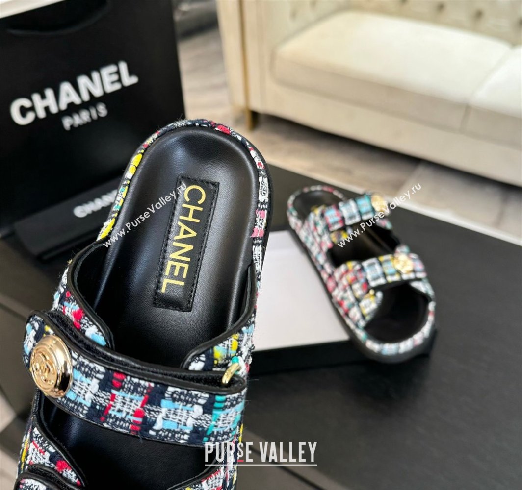 Chanel Tweed Strap Flat Slides Sandal with Round Buckle Black/Multi 2025 CH030416 (MD-250304200)