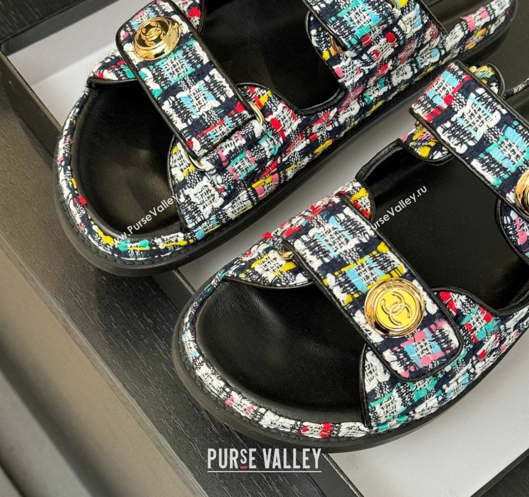 Chanel Tweed Strap Flat Slides Sandal with Round Buckle Black/Multi 2025 CH030416 (MD-250304200)