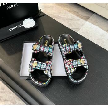 Chanel Tweed Strap Flat Slides Sandal with Round Buckle Black/Multi 2025 CH030416 (MD-250304200)