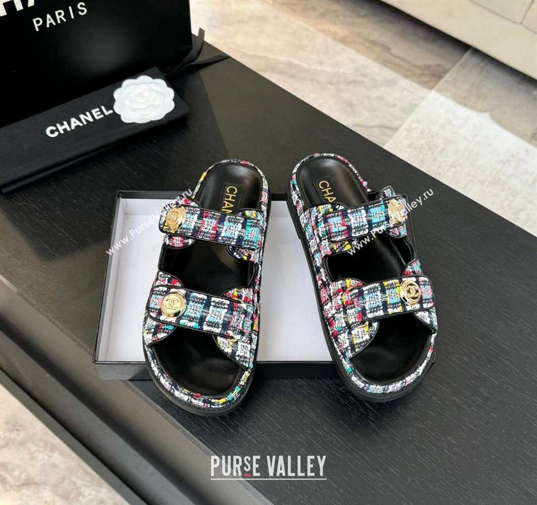 Chanel Tweed Strap Flat Slides Sandal with Round Buckle Black/Multi 2025 CH030416 (MD-250304200)