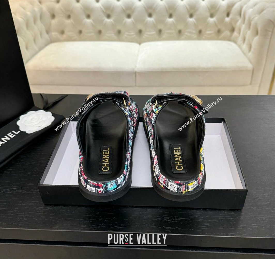 Chanel Tweed Strap Flat Slides Sandal with Round Buckle Black/Multi 2025 CH030416 (MD-250304200)