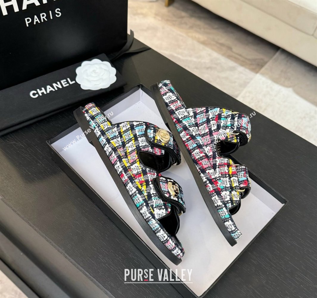 Chanel Tweed Strap Flat Slides Sandal with Round Buckle Black/Multi 2025 CH030416 (MD-250304200)