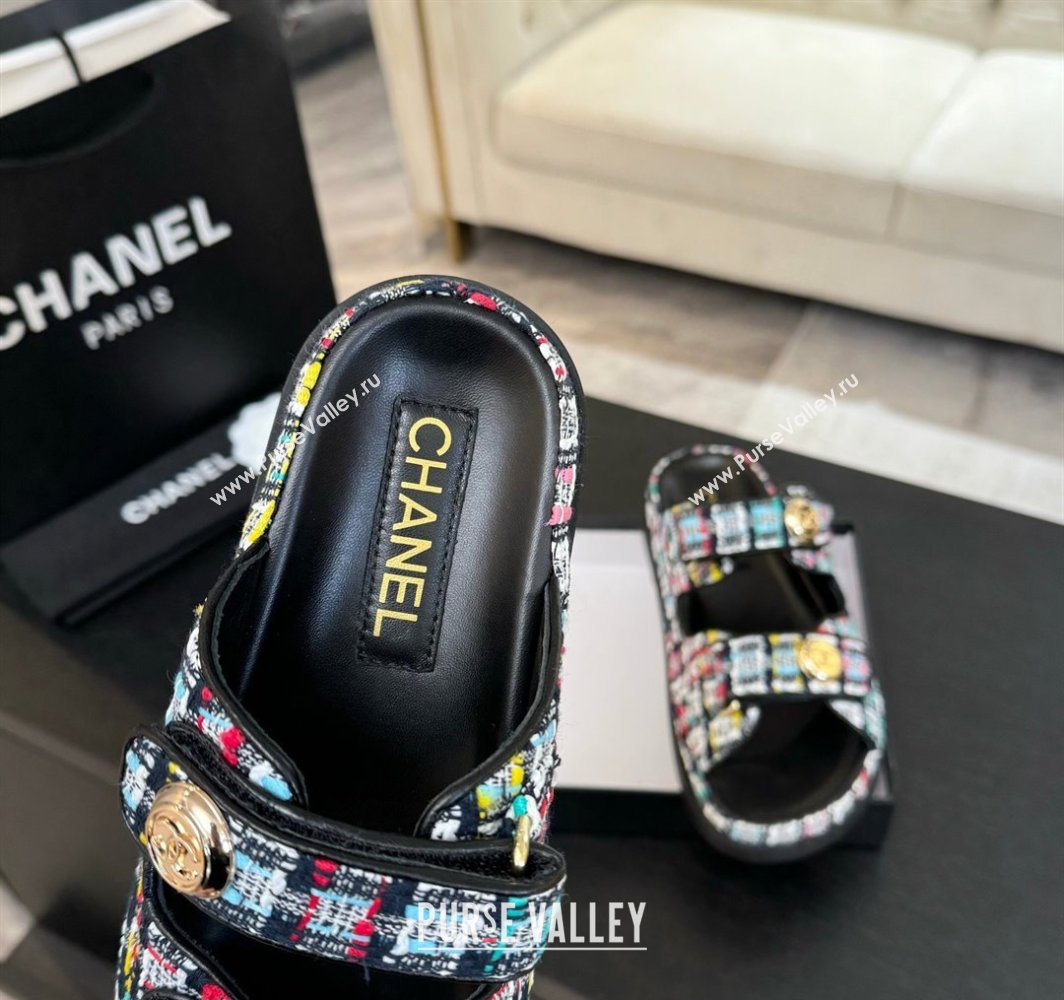 Chanel Tweed Strap Flat Slides Sandal with Round Buckle Black/Multi 2025 CH030416 (MD-250304200)