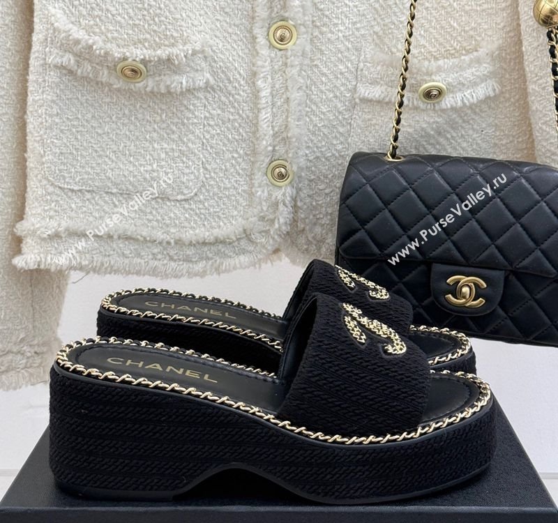 Chanel Knit Wedge Slides Sandal with Chain CC Black 2025 CH030403 (MD-250304059)