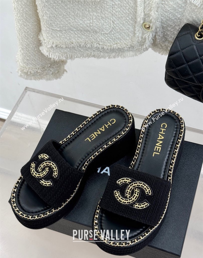 Chanel Knit Wedge Slides Sandal with Chain CC Black 2025 CH030403 (MD-250304059)