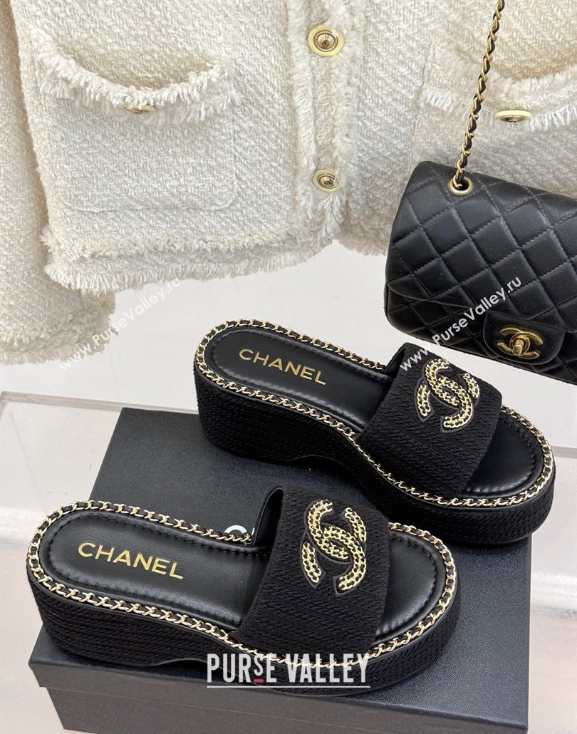 Chanel Knit Wedge Slides Sandal with Chain CC Black 2025 CH030403 (MD-250304059)