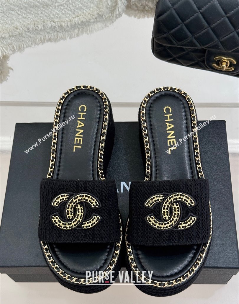 Chanel Knit Wedge Slides Sandal with Chain CC Black 2025 CH030403 (MD-250304059)