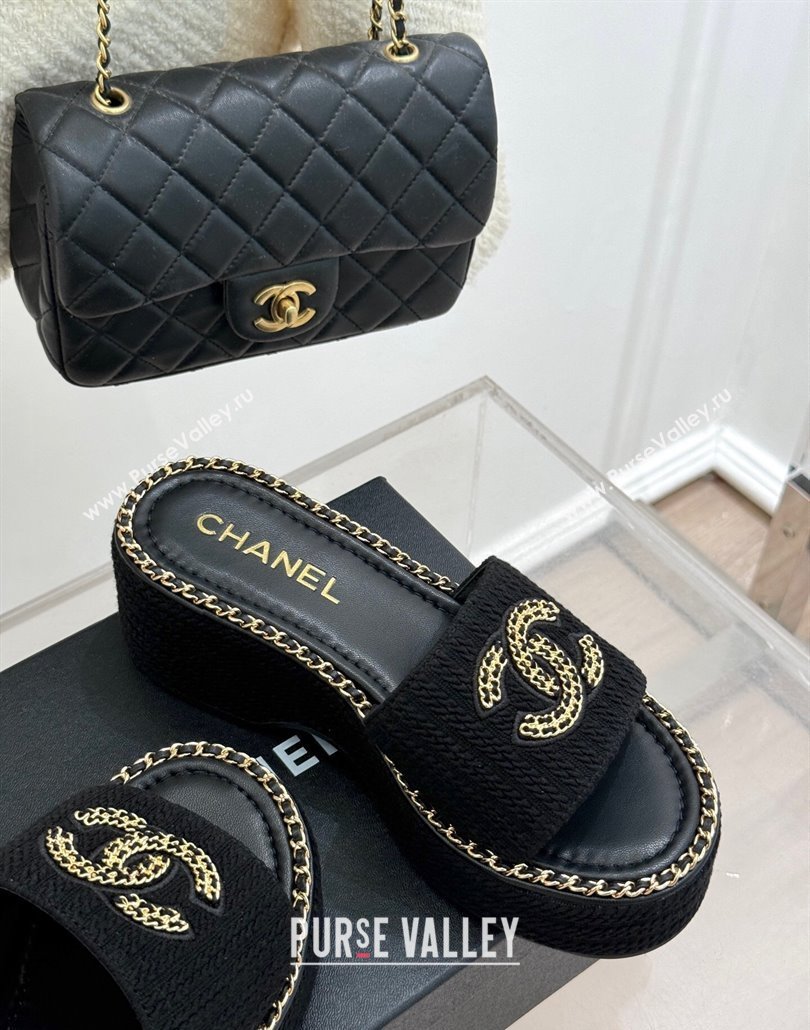 Chanel Knit Wedge Slides Sandal with Chain CC Black 2025 CH030403 (MD-250304059)