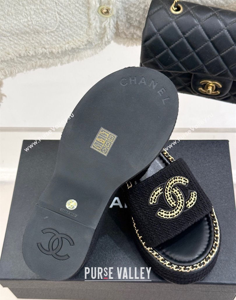 Chanel Knit Wedge Slides Sandal with Chain CC Black 2025 CH030403 (MD-250304059)