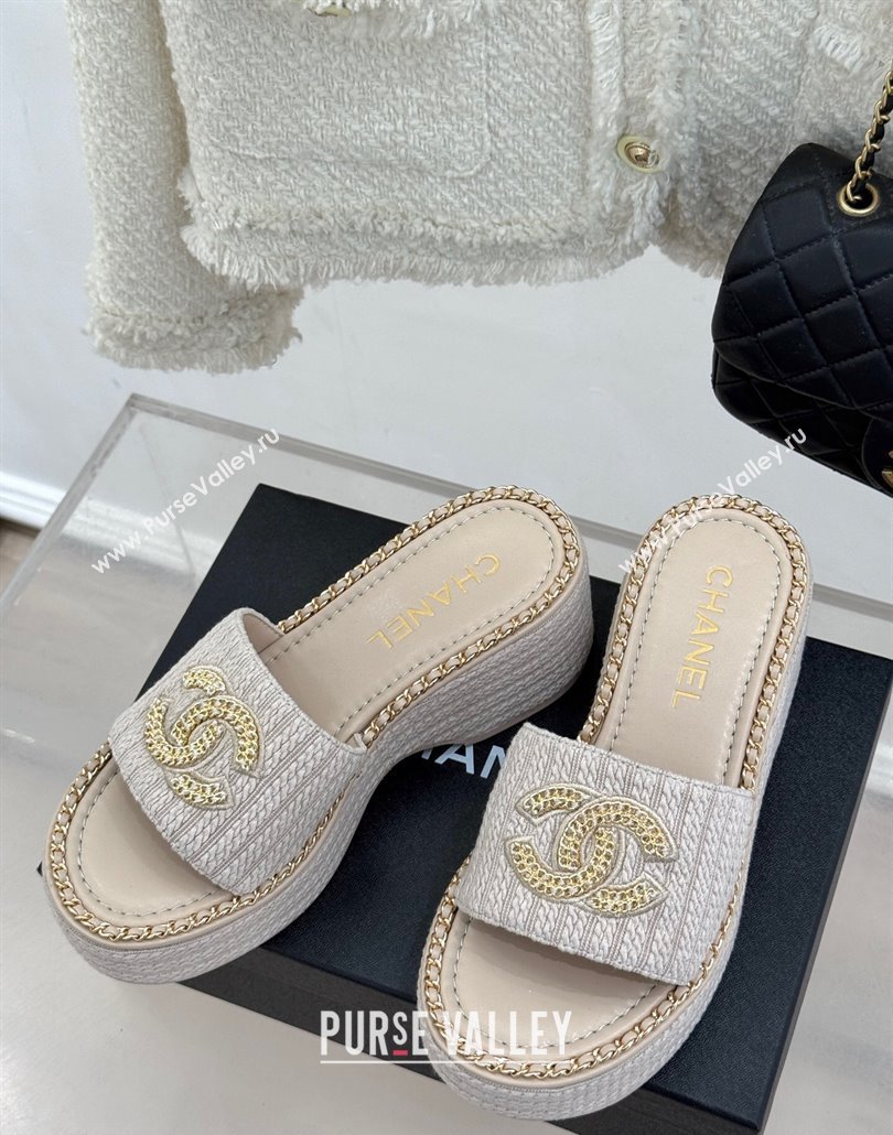 Chanel Knit Wedge Slides Sandal with Chain CC Grey 2025 CH030403 (MD-250304060)