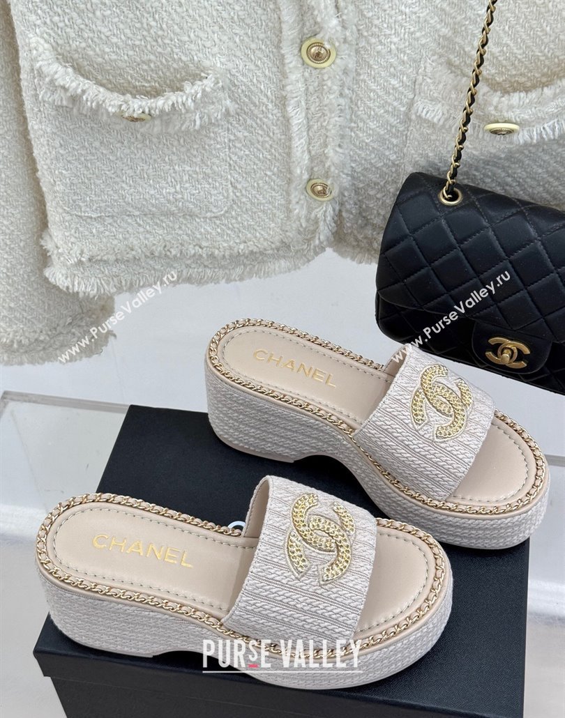 Chanel Knit Wedge Slides Sandal with Chain CC Grey 2025 CH030403 (MD-250304060)