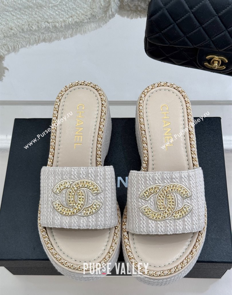 Chanel Knit Wedge Slides Sandal with Chain CC Grey 2025 CH030403 (MD-250304060)