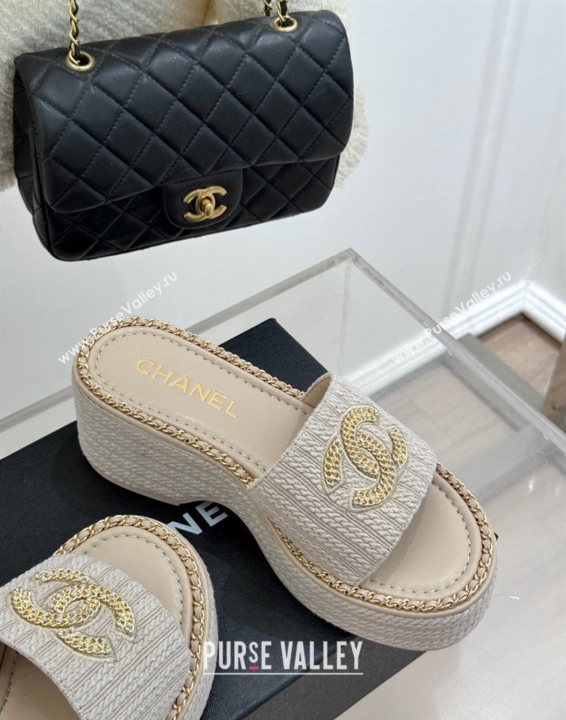 Chanel Knit Wedge Slides Sandal with Chain CC Grey 2025 CH030403 (MD-250304060)