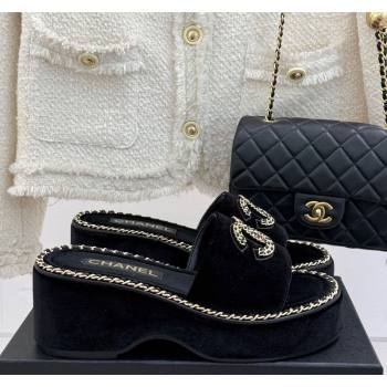 Chanel Velvet Wedge Slides Sandal with Chain CC Black 2025 CH030403 (MD-250304061)