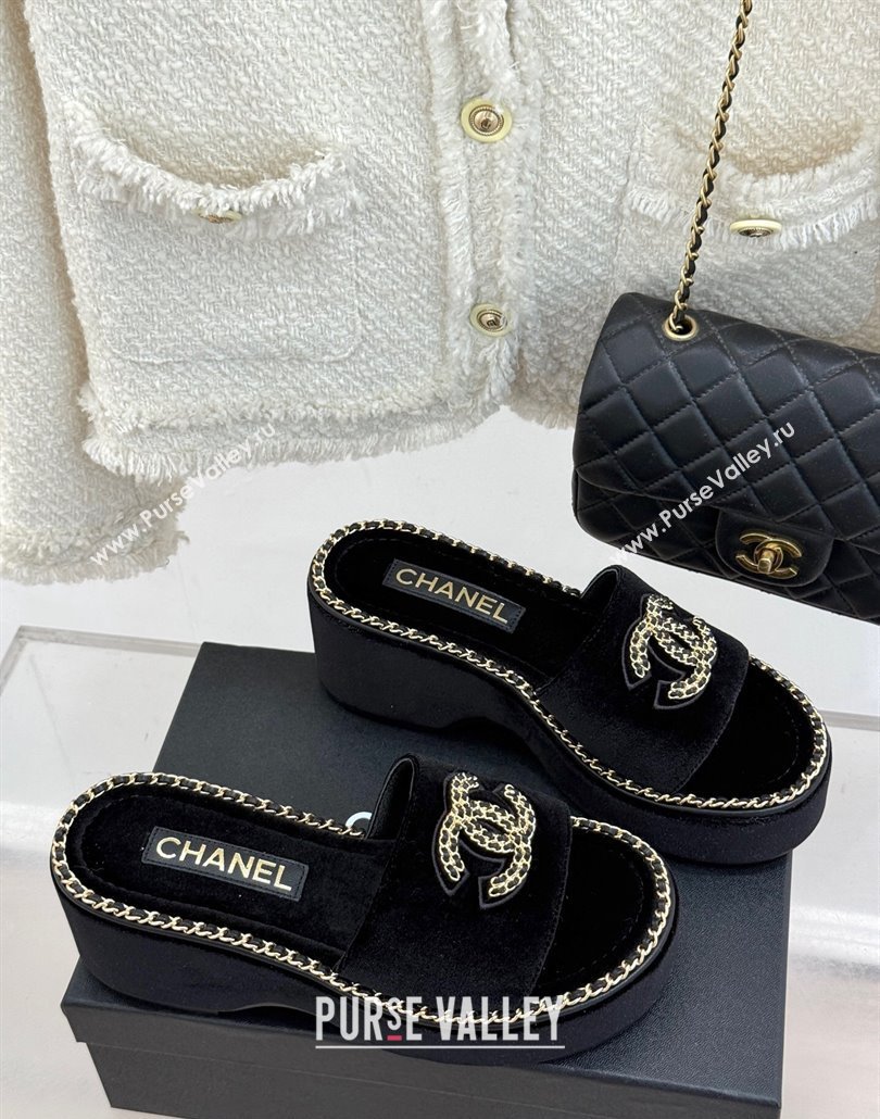 Chanel Velvet Wedge Slides Sandal with Chain CC Black 2025 CH030403 (MD-250304061)