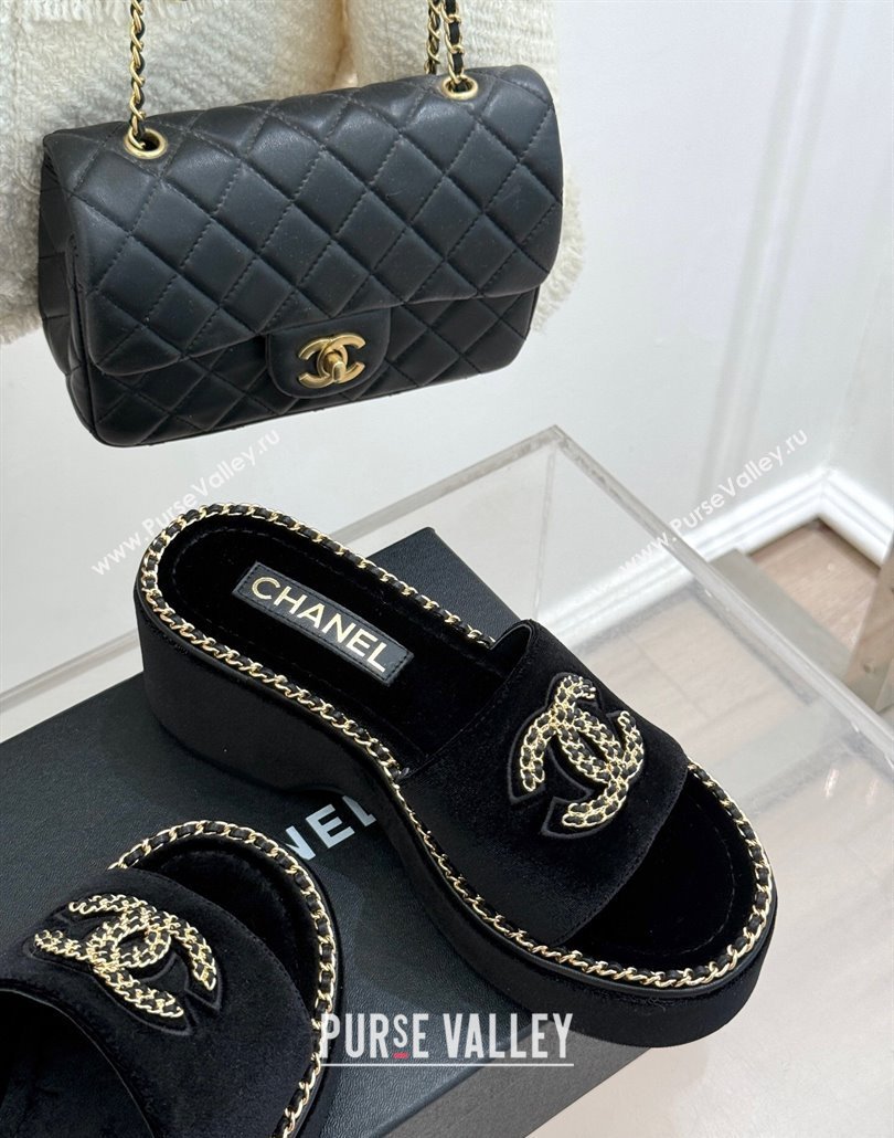 Chanel Velvet Wedge Slides Sandal with Chain CC Black 2025 CH030403 (MD-250304061)