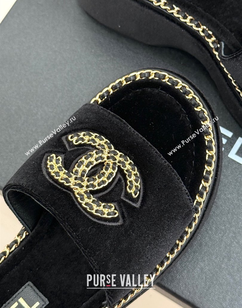 Chanel Velvet Wedge Slides Sandal with Chain CC Black 2025 CH030403 (MD-250304061)