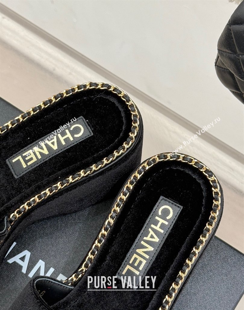Chanel Velvet Wedge Slides Sandal with Chain CC Black 2025 CH030403 (MD-250304061)