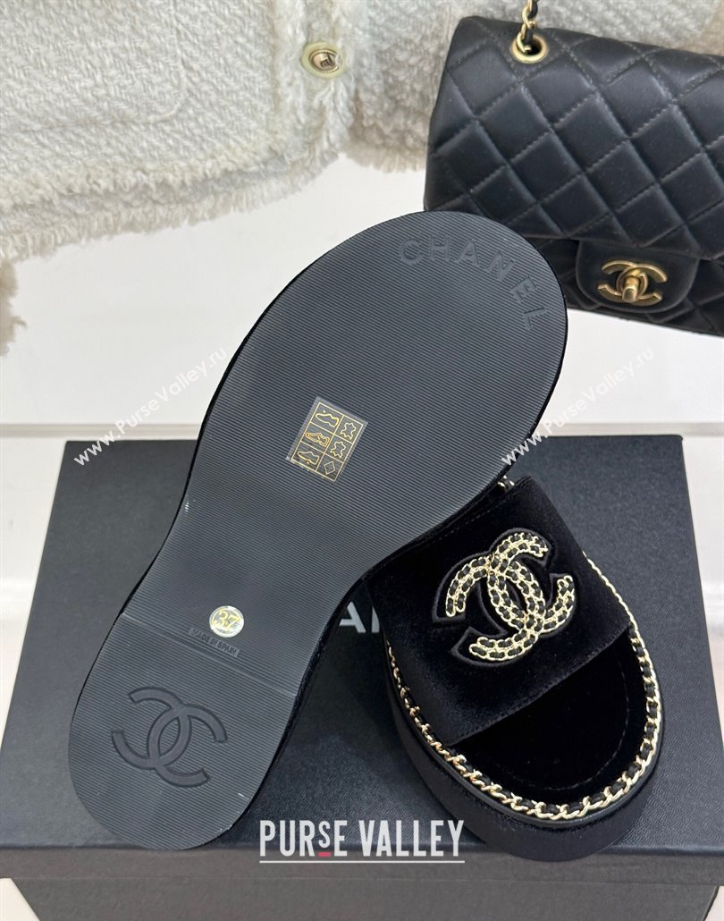Chanel Velvet Wedge Slides Sandal with Chain CC Black 2025 CH030403 (MD-250304061)