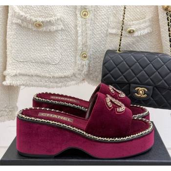 Chanel Velvet Wedge Slides Sandal with Chain CC Dark Burgundy 2025 CH030403 (MD-250304062)