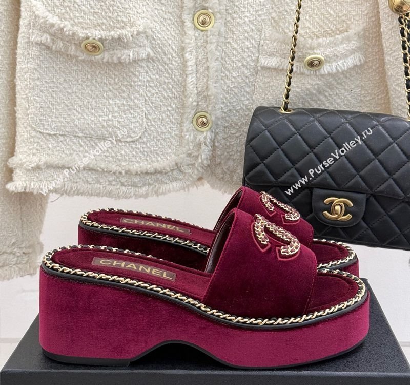 Chanel Velvet Wedge Slides Sandal with Chain CC Dark Burgundy 2025 CH030403 (MD-250304062)
