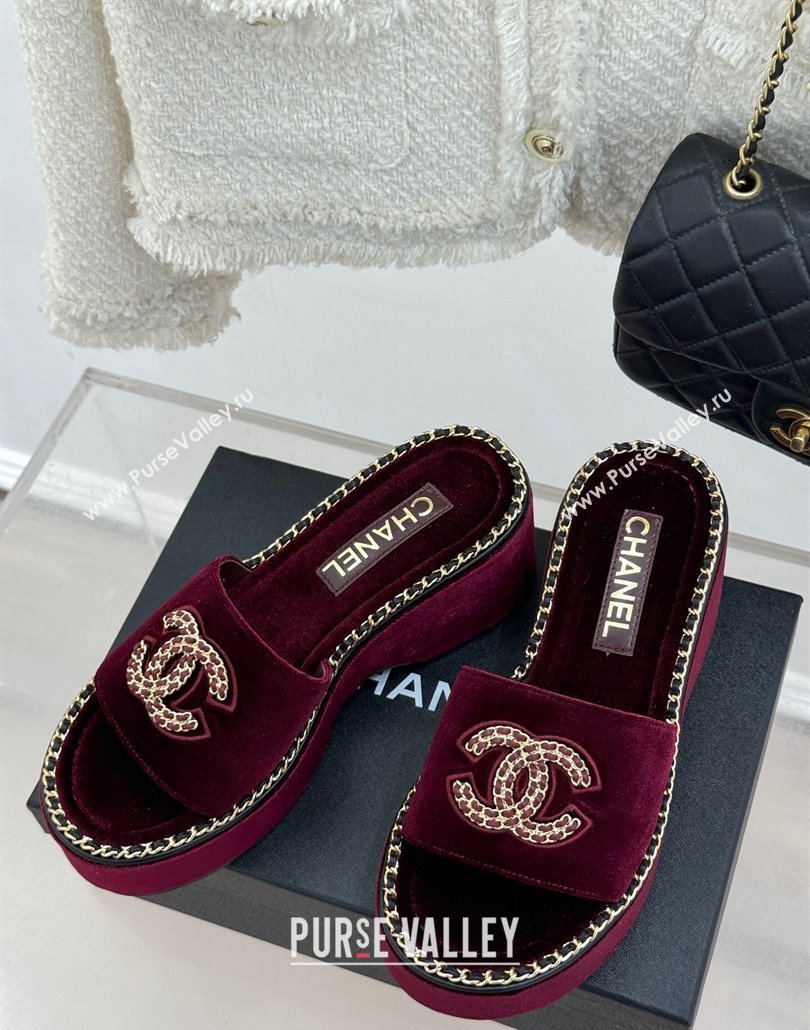 Chanel Velvet Wedge Slides Sandal with Chain CC Dark Burgundy 2025 CH030403 (MD-250304062)